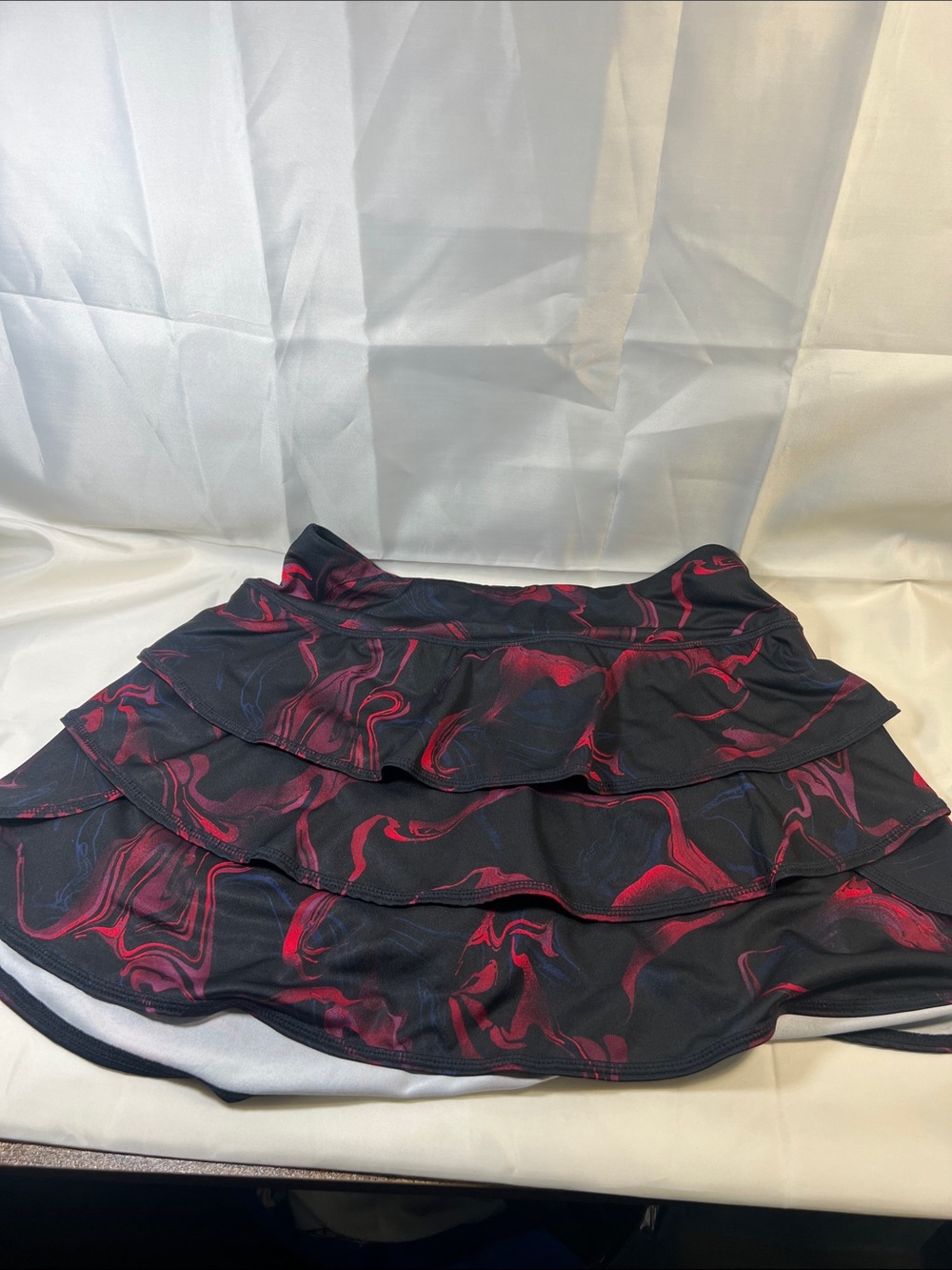 Ruffle Tiered Skater Skirt in Black with Red Swirl